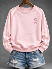 Women's Pink Charity Ribbon Pattern Striped Design Casual Half-Zip Sweatshirt