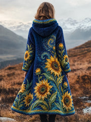 Women's Vintage Sunflowers Oil Painting Inspired Art Print Flannel Long Coat