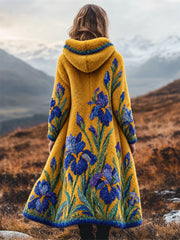 Women's Vintage Irises Oil Painting Inspired Art Print Flannel Long Coat