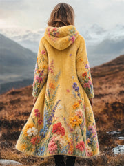 Women's Vintage Wild Flowers Oil Painting Inspired Art Print Flannel Long Coat