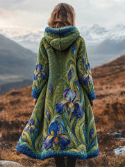 Women's Vintage Irises Oil Painting Inspired Art Print Flannel Long Coat