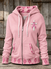 Women's Pink Ribbon Christian Cross Diamond Pattern Print Full Zip Hoodie