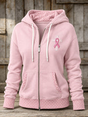 Women's Pink Ribbon Christian Cross Polka Dots Print Full Zip Hoodie