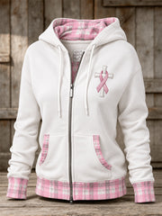 Women's Pink Ribbon Christian Cross Plaid Print Full Zip Hoodie