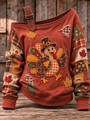Women's Cute Thanksgiving Turkey  Art Casual Off-Shoulder Sweatshirt