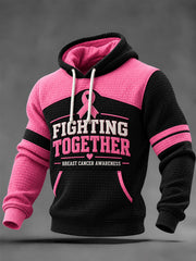 Men's Breast Cancer Awareness Pink Ribbon Print Checkered Cotton Hoodie