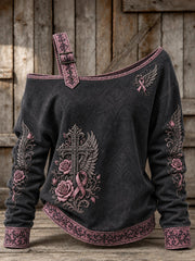 Women's Gothic Cross Pink Ribbon Roses Floral Print Off-Shoulder Sweatshirt