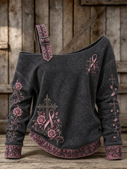 Women's Gothic Cross Pink Ribbon Roses Floral Print Off-Shoulder Sweatshirt