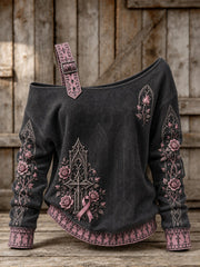 Women's Gothic Cross Pink Ribbon Roses Floral Print Off-Shoulder Sweatshirt