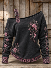 Women's Gothic Cross Pink Ribbon Roses Floral Print Off-Shoulder Sweatshirt