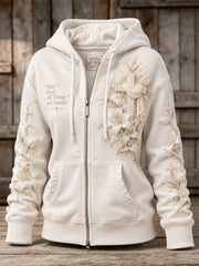 Women's With God All Things Are Possible Classy Cross & Lily Floral Print Full Zip Hoodie