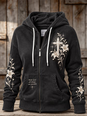 Women's With God All Things Are Possible Classy Cross & Lily Floral Print Full Zip Hoodie