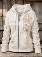 Women's With God All Things Are Possible Classy Cross & Lily Floral Print Full Zip Hoodie