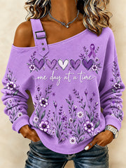 Women's Purple Floral & Alzheimer's Awareness Support Print Casual Off-Shoulder Sweatshirt