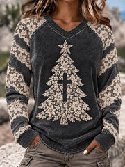 Women's Christmas Tree and Cross V-Neck T-Shirts