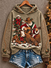 Women's Funny Santa Western Style Christmas Art Printed Hoodie