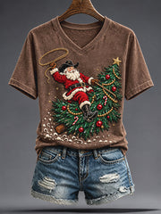 Women's Funny Santa Western Style Christmas Art Printed T-shirt